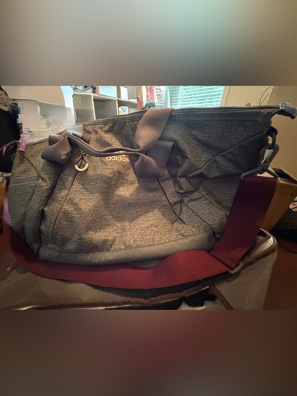 adidas Gray Duffel Shoulder Bag with Maroon Strap